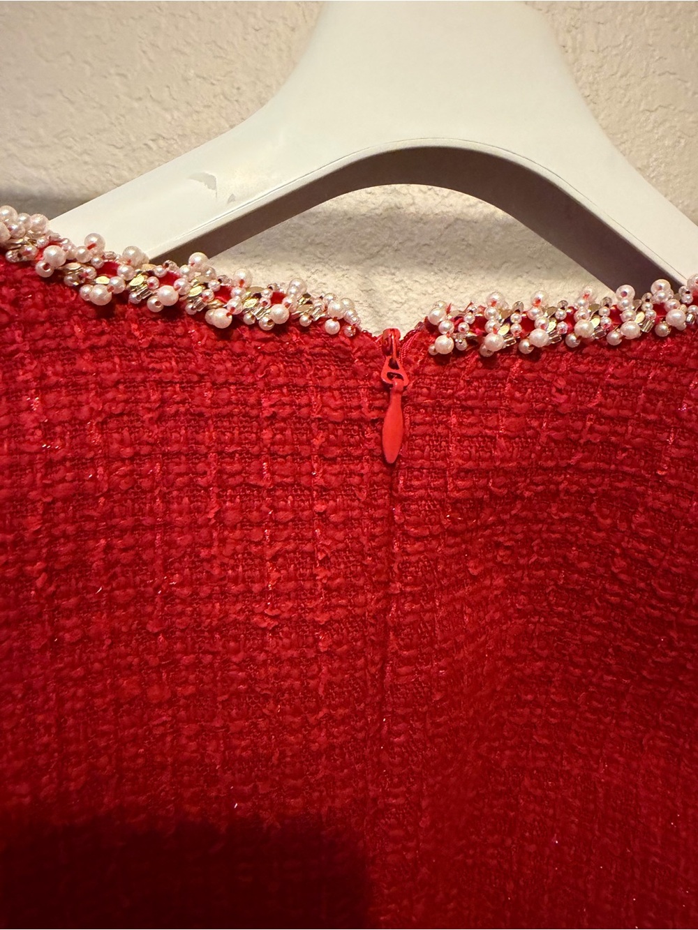 NADINE MERABI Red Tweed Pearl-Trim Long Sleeve Mini Dress - Picture 6 of 7